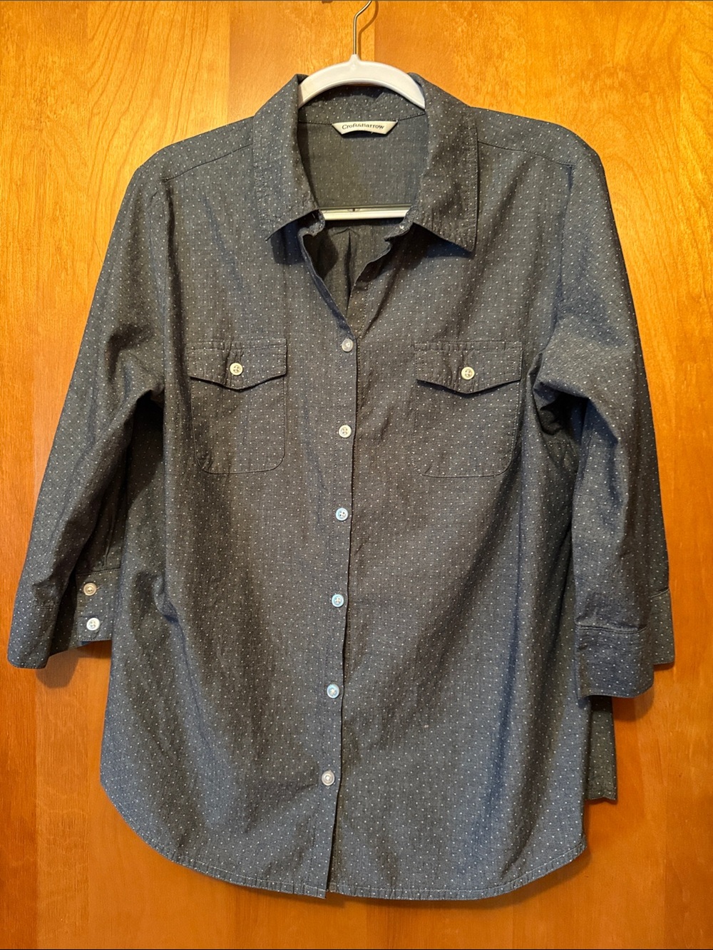 Croft&Barrow 3/4 Sleeve Navy and White Polka Dot-Print Button Front Blouse